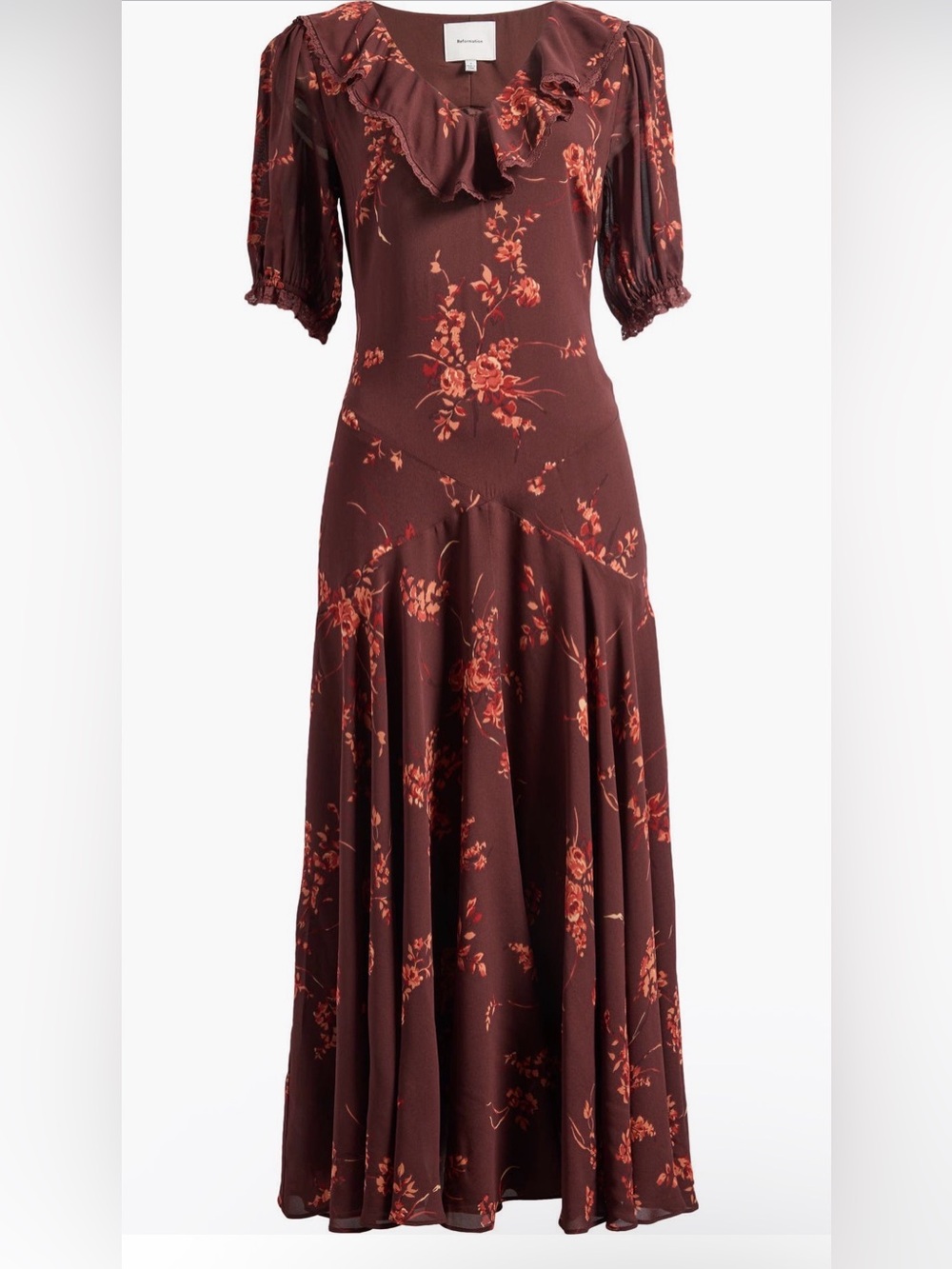 Reformation Evra Lace Georgette Burgundy Maxi Dress with Rust Floral Print